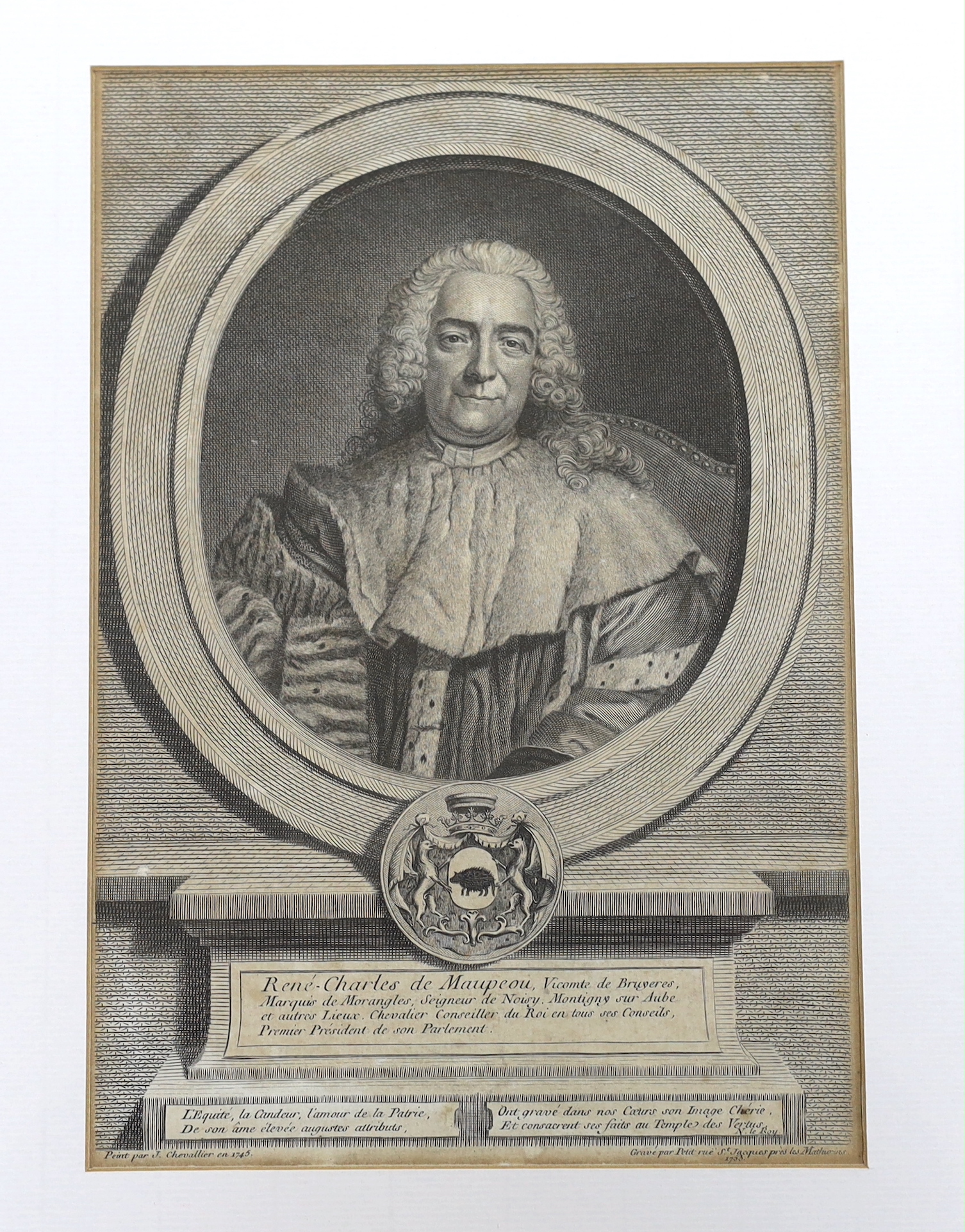 After Jean Chevalier (French, fl.1745-1790), engraving, Portrait of Rene Charles Maupeou, 1745, 26 x 18cm